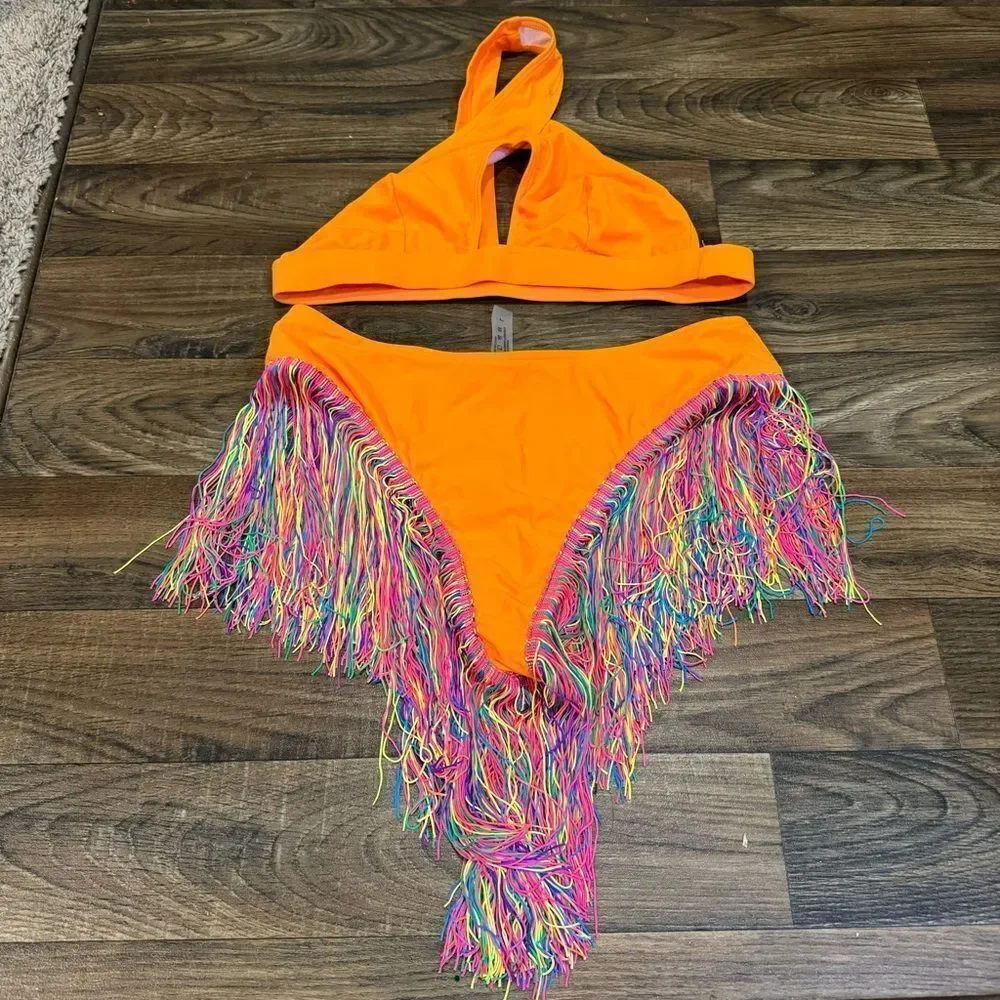 Neon fringe orange bathing suit